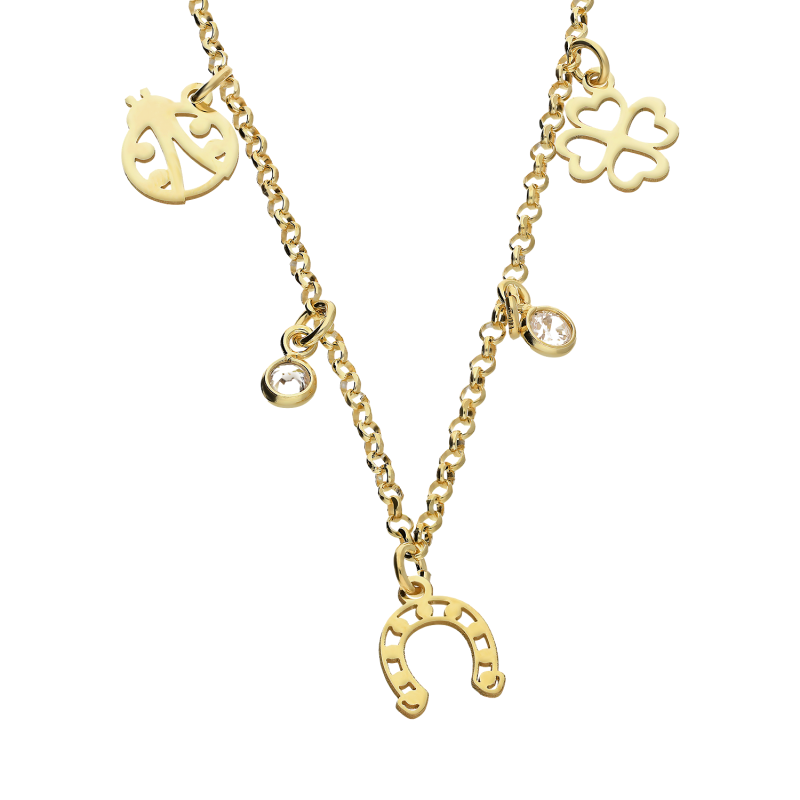 Naszyjnik pozłacany białe cyrkonie, koniczyna, biedronka i podkowa/rolo TA 11127 G próba 925