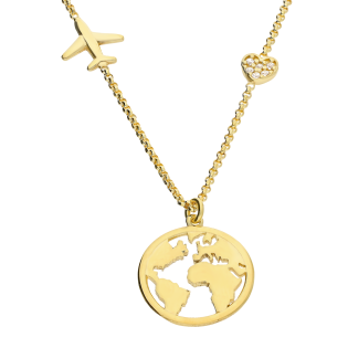 Naszyjnik pozłacany ziemia, samolot i serce z cyrkoniami/rolo TA 12116 G próba 925