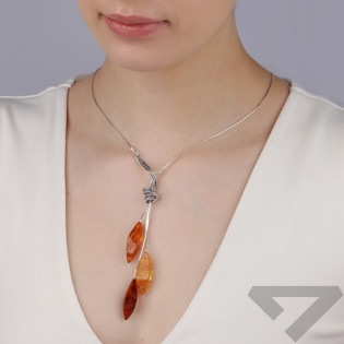 Naszyjnik srebrny z bursztynami w formie kropli FI SN857-koniak-miodowy próba 925