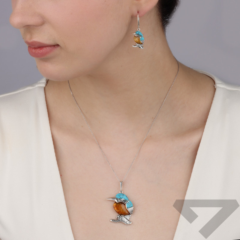Zawieszka srebrna ptak z bursztynem i turkusem FI SN1296 koniak+turkus próba 925