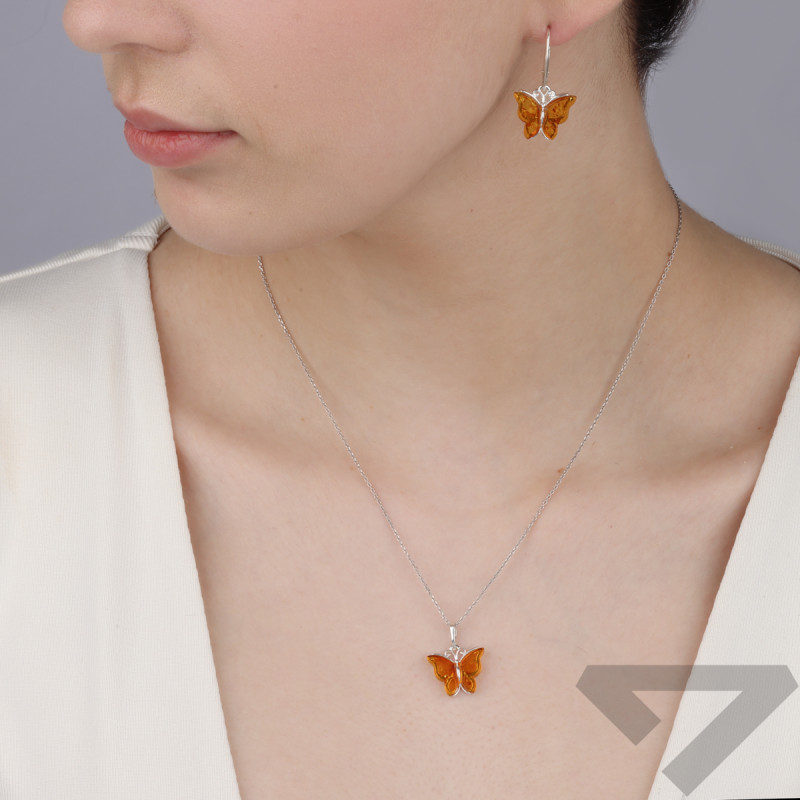 Srebrne Kolczyki Motyl z Bursztynem Miodowym pr. 925 - JubilerSezam.pl