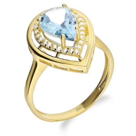 Pierścionek złoty markiza kropla z niebieską i białymi cyrkoniami LP 96U20-E0013-R0021-Y próba 585