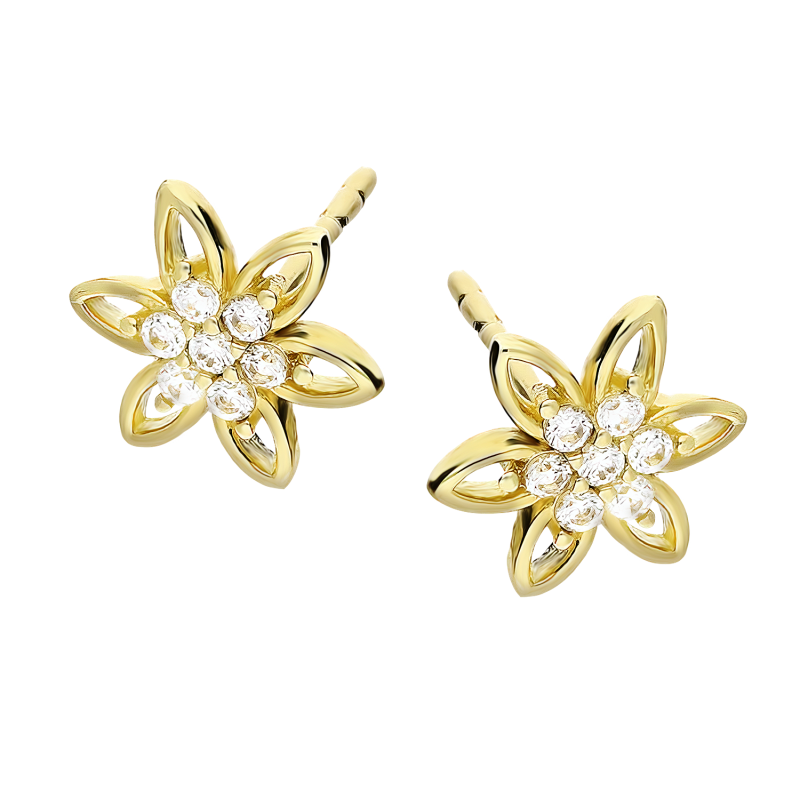 Kolczyki złote kwiatek z białymi cyrkoniami próba 375