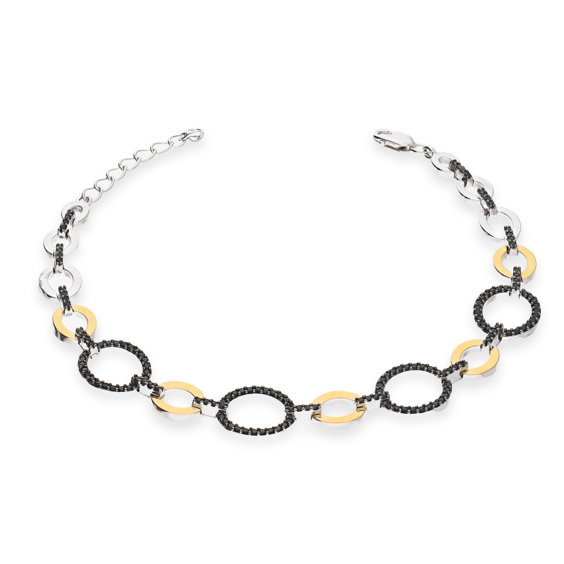 Bransoleta srebrna koła z czarnymi cyrkoniami i złotymi blaszkami