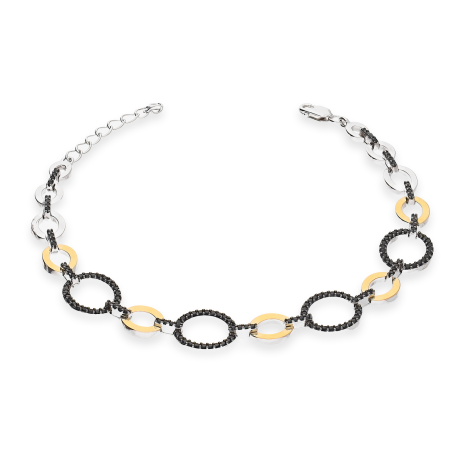 Bransoleta srebrna koła z czarnymi cyrkoniami i złotymi blaszkami