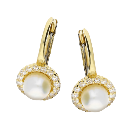 Kolczyki złote z białą perłą i cyrkoniami wokół/big.zam. próba 585
