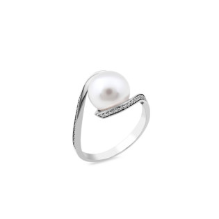 Pierścionek srebrny biała perła jubilerska w kropli z białymi cyrkoniami PX 1076 próba 925