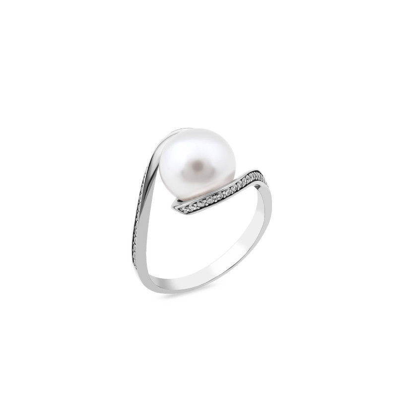 Pierścionek srebrny biała perła jubilerska w kropli z białymi cyrkoniami PX 1076 próba 925