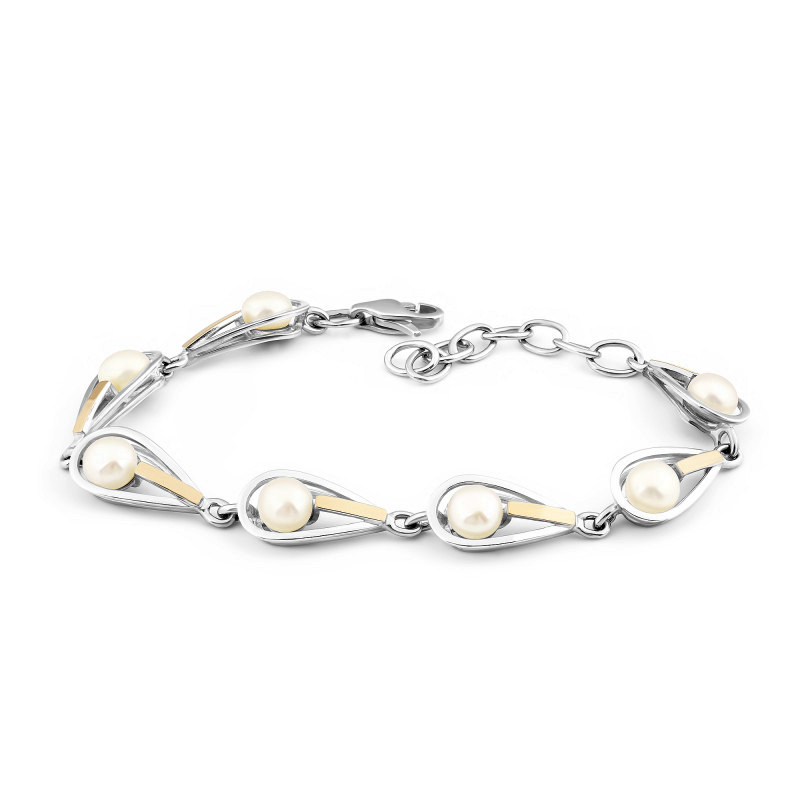 Srebrna bransoleta z perłami i złotymi elementami - JubilerSezam.pl