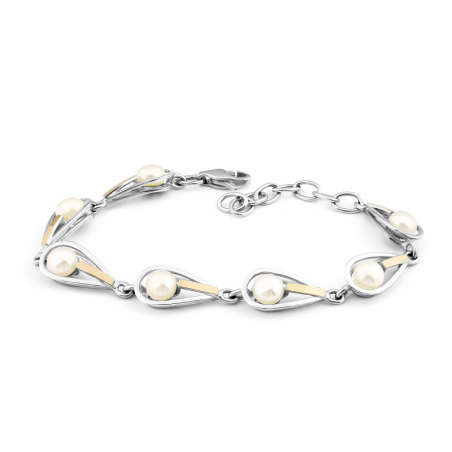 Srebrna bransoleta z perłami i złotymi elementami - JubilerSezam.pl