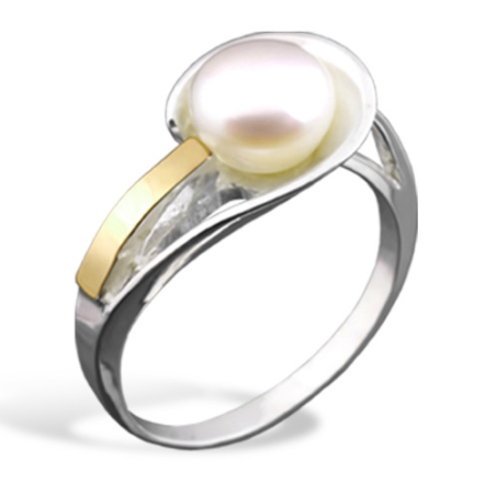 Srebrny Pierścionek z Perłą i Złotą Blaszką Pr. 925 - JubilerSezam.pl