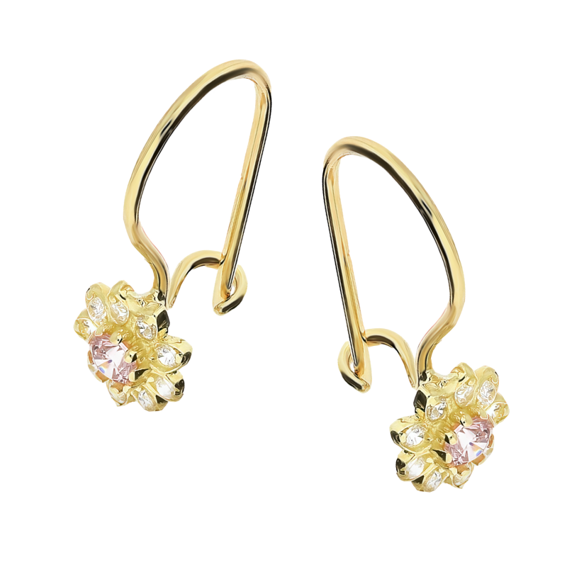 Kolczyki złote dla dziewczynki kwiatek z różową i białymi cyrkoniami próba 585