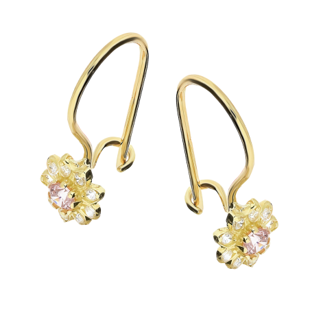 Kolczyki złote dla dziewczynki kwiatek z różową i białymi cyrkoniami próba 585