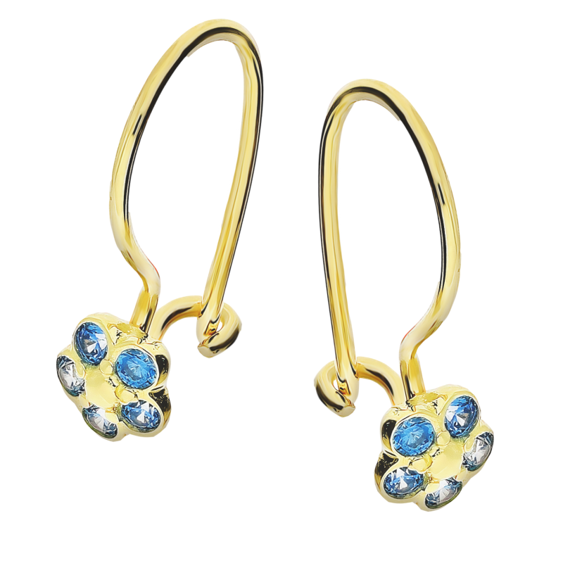 Kolczyki złote dla dziewczynki kwiat z niebieskimi cyrkoniami próba 585