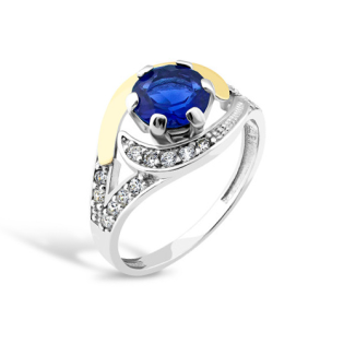 Pierścionek srebrny z szafirową cyrkonią białymi cyrkoniami i złotą blaszką