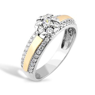 Pierścionek srebrny z cyrkoniami i złotą blaszką