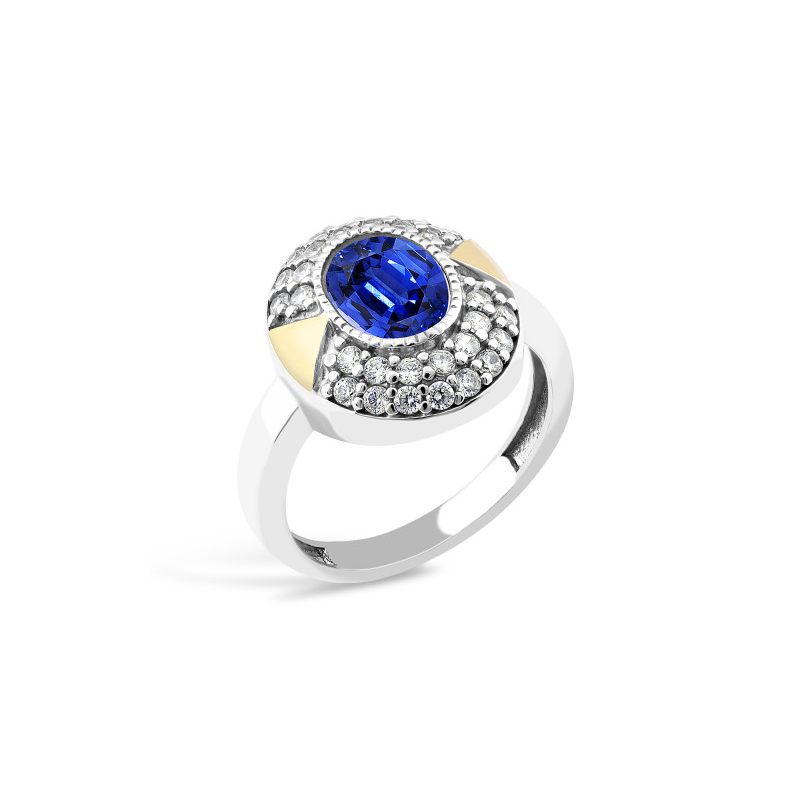 Pierścionek srebrny szafirowa cyrkonia, białe cyrkonie i złota blaszka