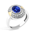Pierścionek srebrny szafirowa cyrkonia, białe cyrkonie i złota blaszka