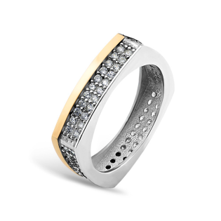 Pierścionek srebrny kwadratowy profil z cyrkoniami i złotą blaszką