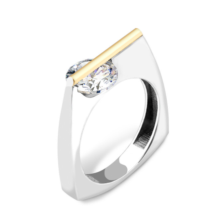 Pierścionek srebrny biała cyrkonia pod złotą pałką AG PX 465_AU375 blaszka gold