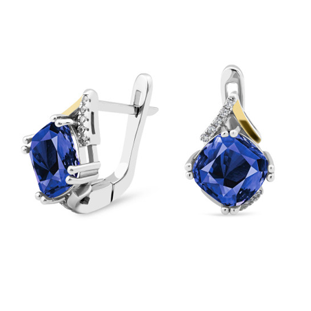 Kolczyki srebrne z ciemno-niebieską cyrkonią i złotą blaszką