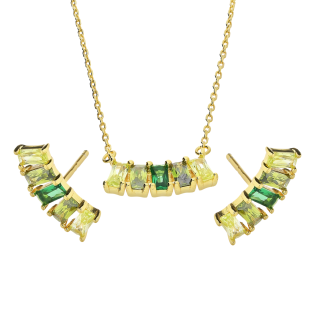 Komplet pozłacany kolczyki i naszyjnik zielone cyrkonie bagiety NI ORZ00187-GIZ00152 GOLD GR próba 925