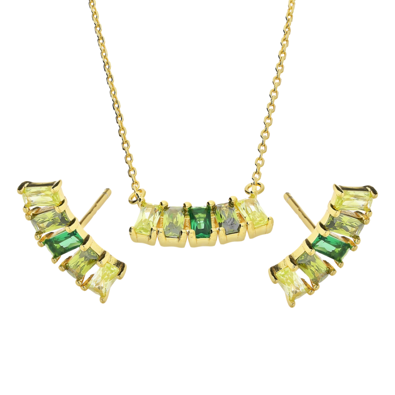 Komplet pozłacany kolczyki i naszyjnik zielone cyrkonie bagiety NI ORZ00187-GIZ00152 GOLD GR próba 925
