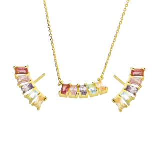 Komplet pozłacany kolczyki i naszyjnik kolorowe cyrkonie bagiety NI ORZ00187-GIZ00152 GOLD MIX próba 925