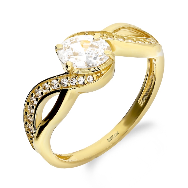 Pierścionek złoty owalna cyrkonia w szynie z mniejszymi cyrkoniami PX 706 próba 585