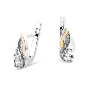 Kolczyki srebrne z owalną cyrkonią i złotymi blaszkami