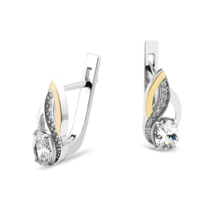 Kolczyki srebrne z owalną cyrkonią i złotymi blaszkami