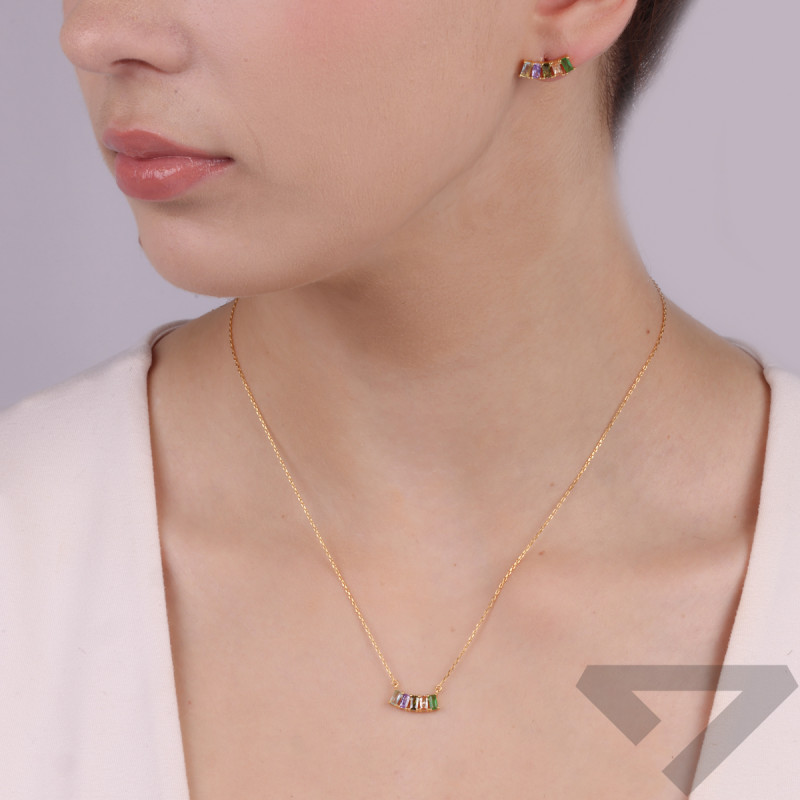 Komplet pozłacany naszyjnik i kolczyki kolorowe cyrkonie/sztyft NI ORZ00187-GIZ00152-1 GOLD MIX próba 925
