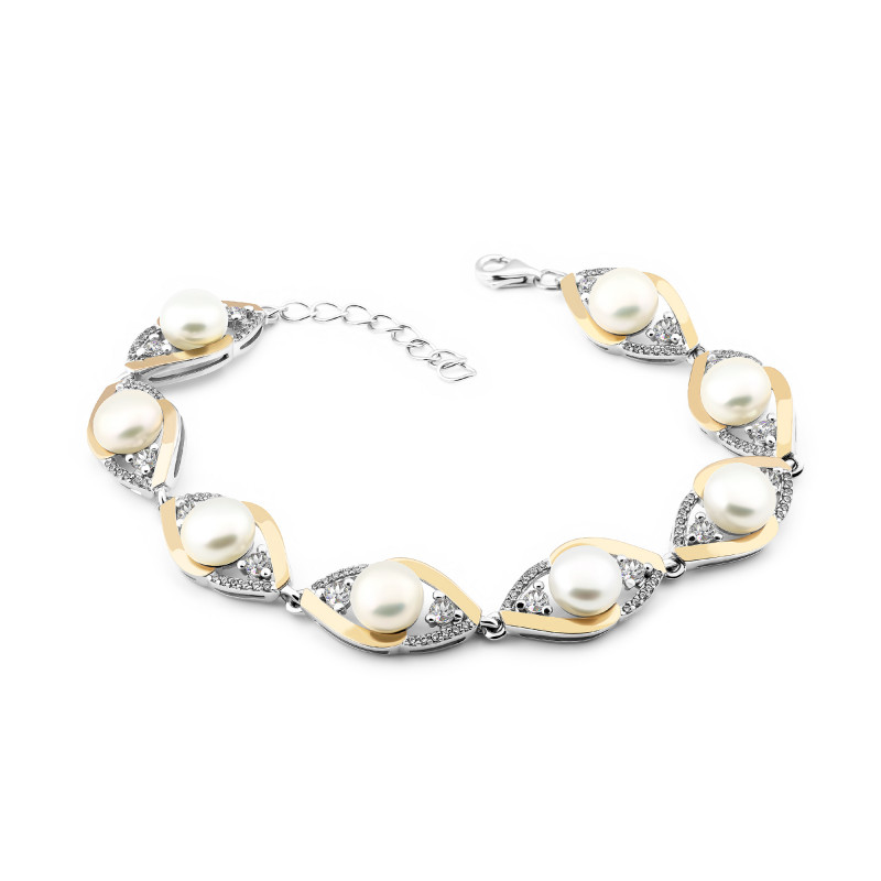 Srebrna bransoletka z perłami i cyrkoniami - JubilerSezam.pl