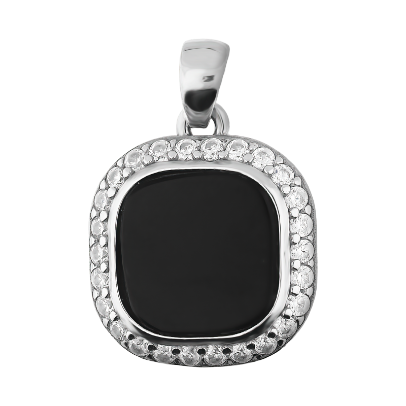 Zawieszka srebrna kwadrat z onyksem jubilerskim z białymi cyrkoniami