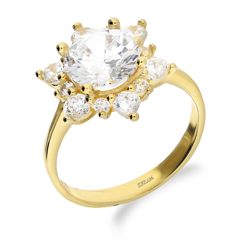 Pierścionek złoty kwiat z białymi cyrkoniami