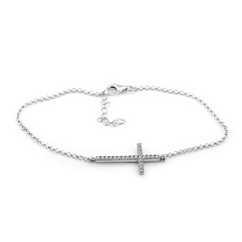 Bransoletka srebrna krzyżyk z cyrkoniami na łańcuszku rolo