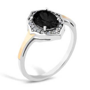 Pierścionek srebrny z czarną cyrkonią i złotą blaszką
