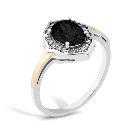 Pierścionek srebrny z czarną cyrkonią i złotą blaszką