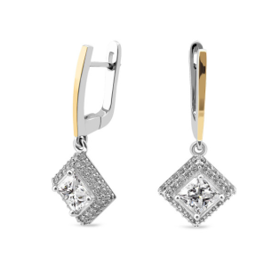 Kolczyki srebrne kwadrat Markiza z białymi cyrkoniami i domieszką złota