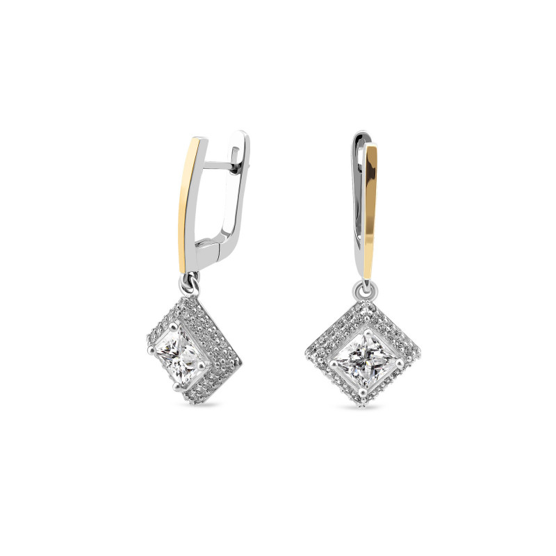 Kolczyki srebrne kwadrat Markiza z białymi cyrkoniami i domieszką złota