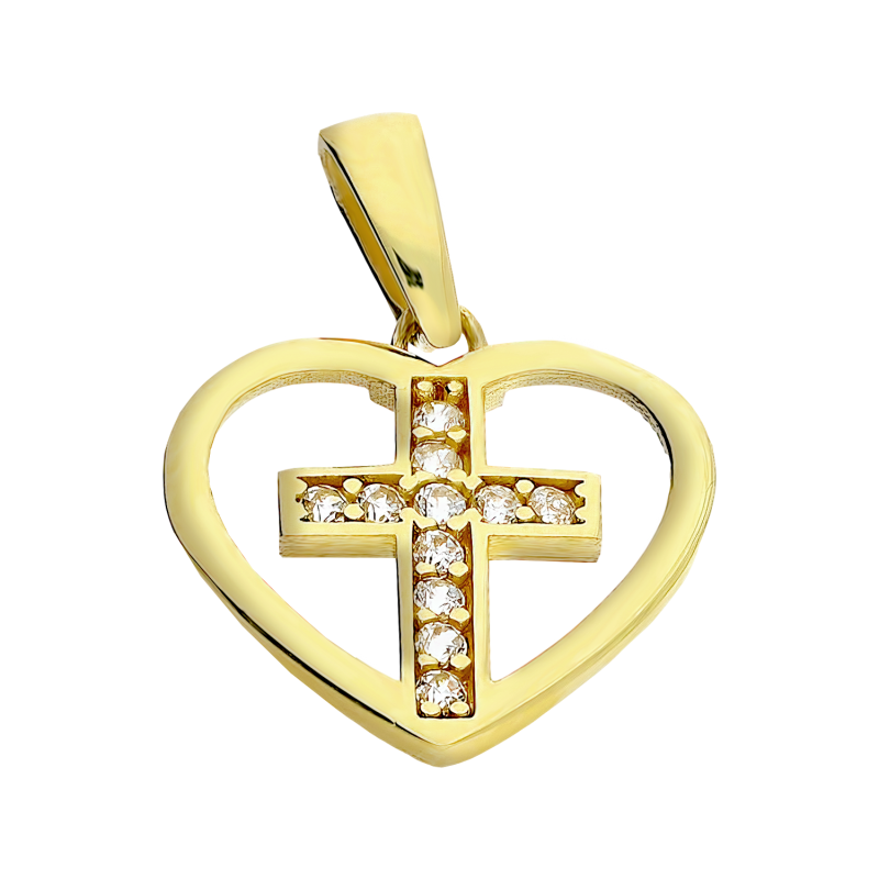 Złoty Krzyżyk z Cyrkoniami w Sercu pr. 375 - JubilerSezam.pl