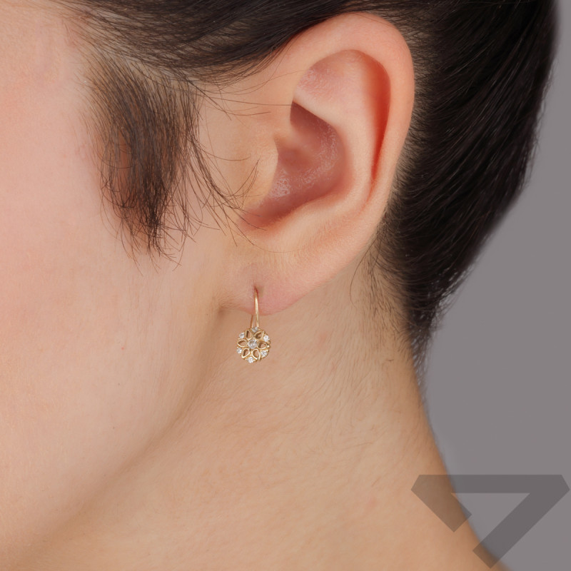 Kolczyki złote dla dziewczynki ażurowy kwiatek z cyrkoniami próba 585