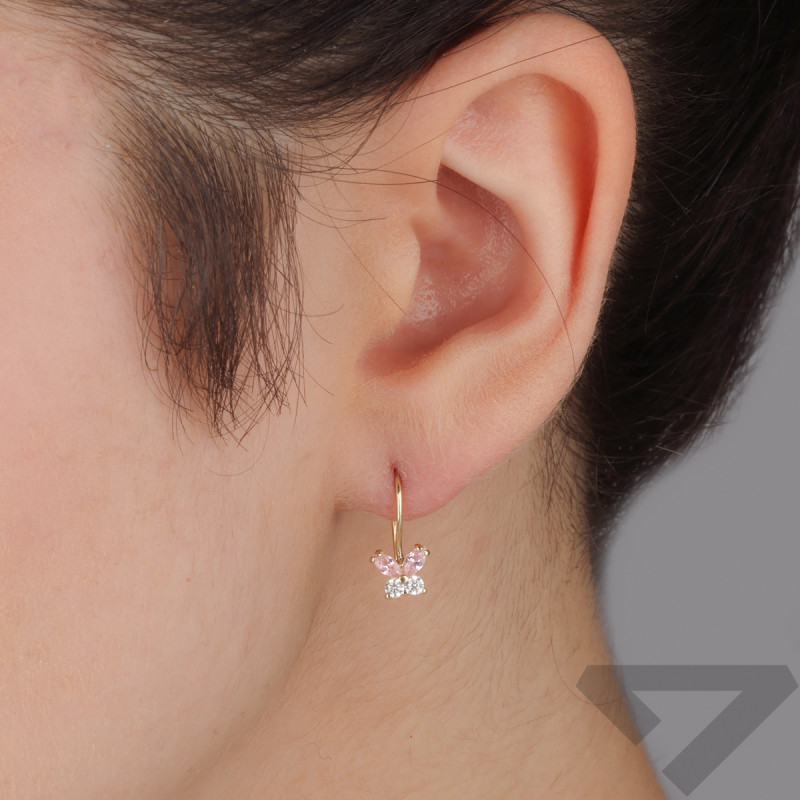 Kolczyki złote dla dziewczynki motyl z różowymi cyrkoniami próba 375