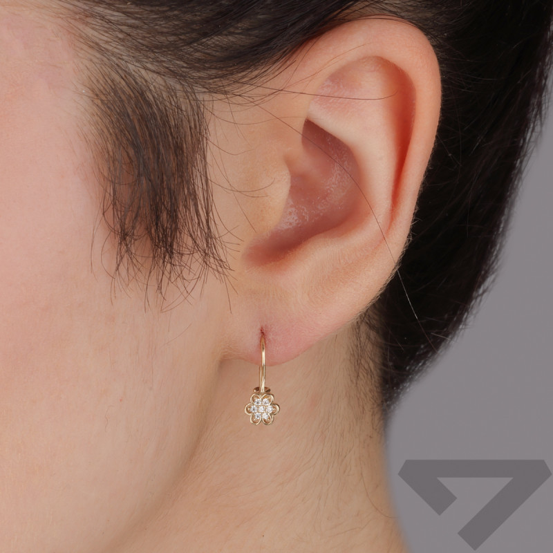 Kolczyki złote dla dziewczynki kwiatek z białymi cyrkoniami próba 585