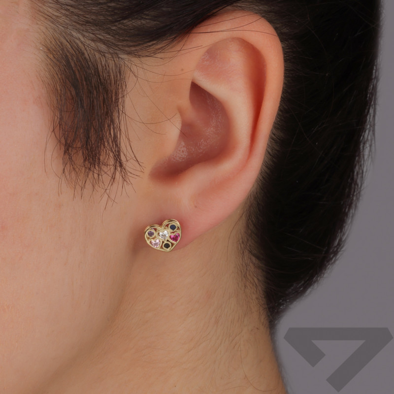 Kolczyki złote ażurowe serce z kolorowymi cyrkoniami/sztyft MZ T57-ES-27-CLRD-CZ próba 375