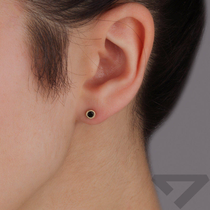 Kolczyki złote z czarną cyrkonią 3 mm w okrągłej żłobionej oprawie