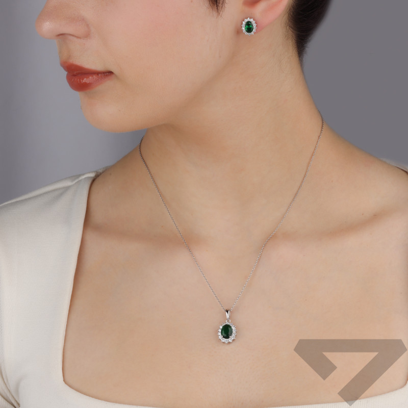 Komplet srebrny kolczyki i zawieszka owal z zieloną cyrkonią AT777 szmaragd próba 925