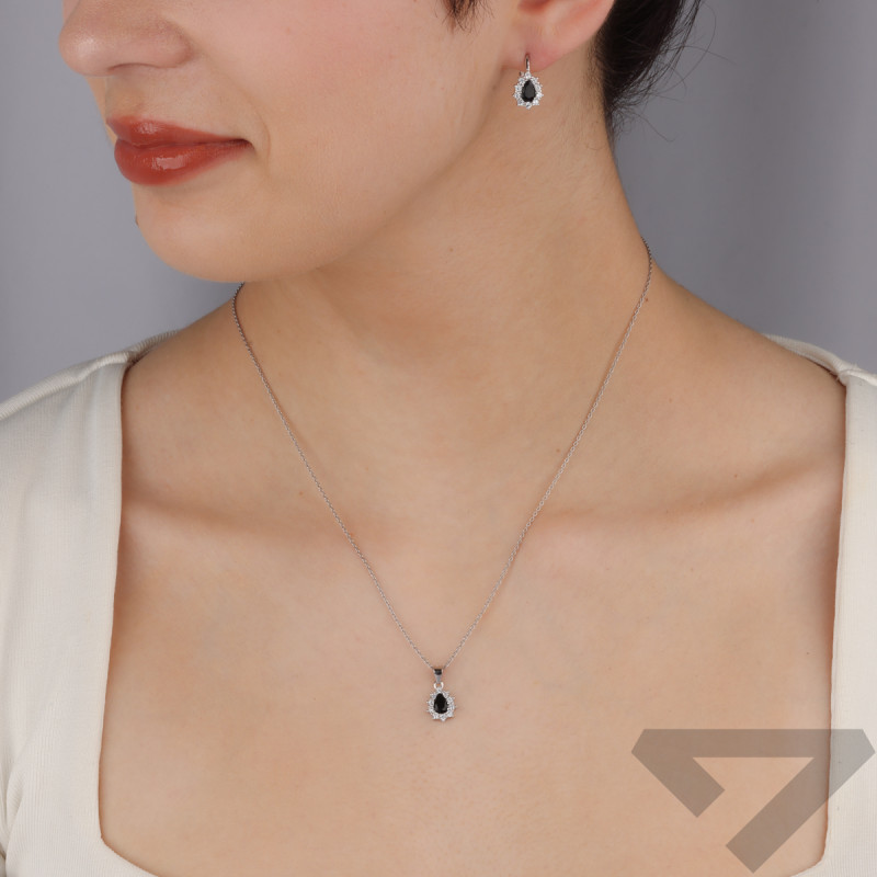 Komplet srebrny kolczyki i zawieszka kropla z czarną cyrkonią TB 23735 próba 925
