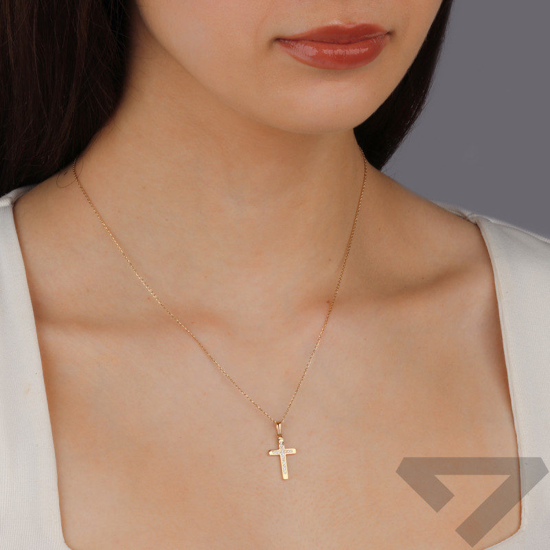 Krzyżyk złoty z rzędem białych cyrkonii w środku, próba 585