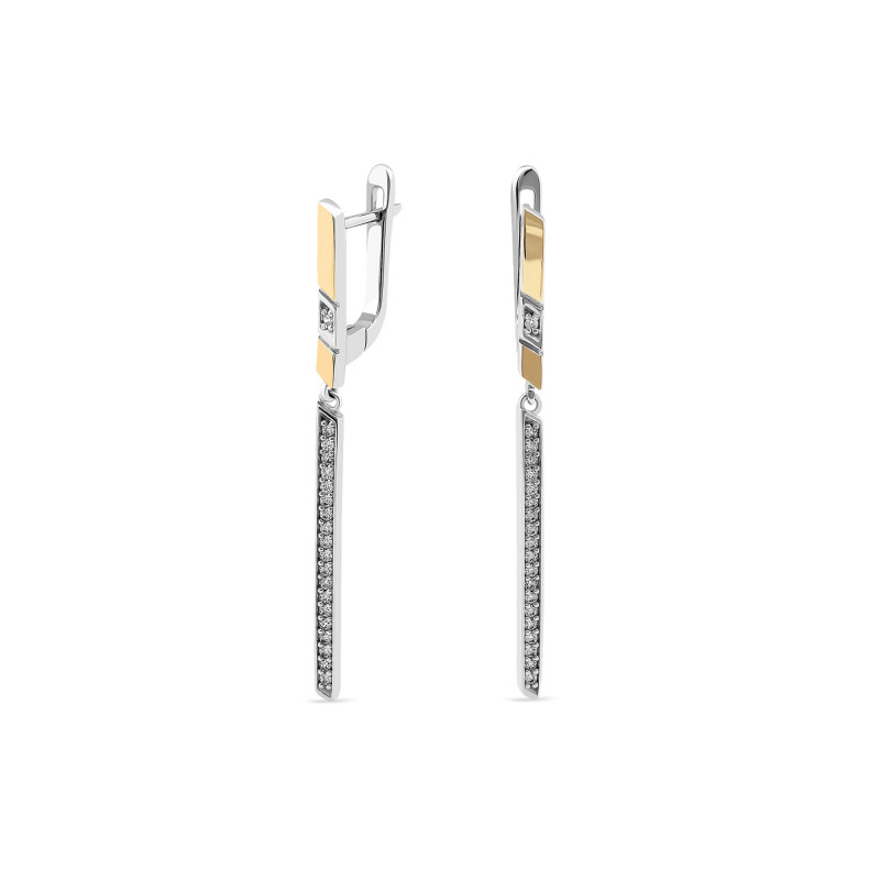 Kolczyki wiszące srebrne pałki z białymi cyrkoniami ze złotą blaszką na zapięciu